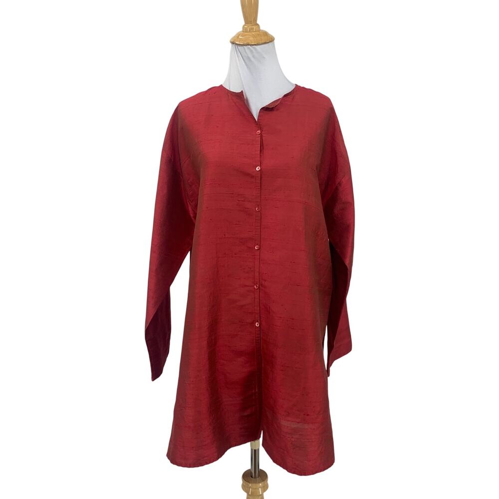 Eileen Fisher Shirt Womens M Medium Ruby Silk Button Up Side Slits Casual Tunic